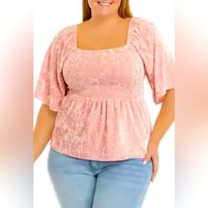 Belle du Jour Elbow Sleeve Smocked Pink Crushed Velvet Square Neck Top 3X